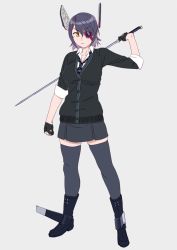 Rule 34 | 1girl, black footwear, black gloves, black thighhighs, boots, checkered clothes, checkered necktie, checkered neckwear, eyepatch, full body, gloves, headgear, holding, holding sword, holding weapon, kantai collection, looking at viewer, necktie, ojipon, partially fingerless gloves, purple hair, school uniform, short hair, simple background, solo, sword, tenryuu (kancolle), thighhighs, weapon, white background, yellow eyes