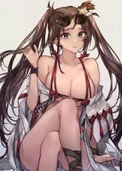 Rule 34 | 1girl, bare shoulders, bikini, breasts, brown hair, cleavage, collarbone, crossed legs, earrings, eyewear on head, fate/grand order, fate (series), grey eyes, hair ornament, highres, jewelry, large breasts, long hair, looking at viewer, multiple earrings, open clothes, purin uni, robe, sitting, solo, sunglasses, swimsuit, thighs, twintails, very long hair, white bikini, yu mei-ren (fate), yu mei-ren (swimsuit lancer) (fate)