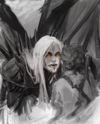 Rule 34 | 2boys, anastasiyacemetery, armor, black armor, brown hair, facial mark, frodo baggins, glowing, glowing eyes, graphite (medium), greyscale, hobbit, long hair, looking at another, monochrome, multiple boys, open mouth, sauron, shoulder armor, sketch, spiked armor, strap, suspenders, the lord of the rings, tolkien&#039;s legendarium, tolkien's legendarium, traditional media, white hair, yellow eyes