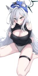 Rule 34 | 1girl, absurdres, ahoge, animal ear fluff, animal ears, barefoot, black sweater, blue archive, blue eyes, blue hat, blush, breasts, cleavage, cross hair ornament, dark halo, grey hair, grey panties, hair between eyes, hair ornament, halo, hasarang, hat, highres, large breasts, long hair, panties, parted lips, shiroko (blue archive), shiroko terror (blue archive), simple background, sleeves past wrists, solo, sweater, thigh strap, underwear, white background, wolf ears