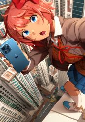 Rule 34 | 1girl, absurdres, accident, ahoge, blue eyes, blue skirt, blush, bow, breasts, brown vest, building, bus, car, cellphone, city, collared shirt, day, doki doki literature club, hair bow, highres, holding, holding phone, iphone, jacket, khyle., large breasts, looking at viewer, lower teeth only, miniskirt, motor vehicle, neck ribbon, open clothes, open jacket, open mouth, outdoors, phone, pink hair, pleated skirt, red bow, red hair, red ribbon, ribbon, rope, sayori (doki doki literature club), school uniform, shirt, shoes, short hair, skirt, skyscraper, smartphone, smile, socks, solo, teeth, vest, white shirt, white socks