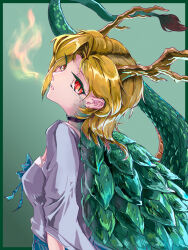 Rule 34 | 1girl, antlers, blonde hair, blue shirt, breath weapon, breathing fire, dragon, dragon girl, dragon horns, dragon tail, fire, goingtobemad, highres, horns, kicchou yachie, looking at viewer, open mouth, red eyes, shirt, short hair, tail, tortoise, touhou, turtle, turtle shell