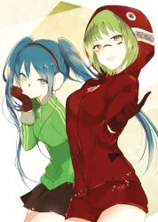 Rule 34 | 2girls, :d, black skirt, blue hair, blush, breasts, brown eyes, closed mouth, cowboy shot, facepaint, gloves, green hair, green jacket, gumi, hand on own chin, hatsune miku, headphones, hood, hood up, hoodie, index finger raised, jacket, leaning forward, long sleeves, looking at viewer, lpip, matryoshka (vocaloid), medium breasts, miniskirt, multiple girls, open mouth, pleated skirt, red gloves, red shorts, ringed eyes, short hair, short shorts, shorts, skirt, smile, standing, thighs, track jacket, triangle, twintails, two-tone background, vocaloid, zipper