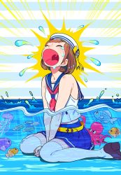 Rule 34 | 1girl, black footwear, blue sailor collar, blue skirt, brown hair, crying, fish, hat, highres, jellyfish, neckerchief, nobile1031, octopus, open mouth, original, pleated skirt, red neckerchief, sailor collar, sailor hat, shirt, shoes, short hair, skirt, sleeveless, sleeveless shirt, solo, tears, thighhighs, water, white hat, white shirt, white thighhighs