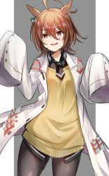 Rule 34 | 1girl, :d, absurdres, agnes tachyon (umamusume), ahoge, black neckwear, black pantyhose, black shirt, brown hair, collared shirt, grey background, hair between eyes, highres, horns, lab coat, long sleeves, looking at viewer, mashiro aa, open clothes, open mouth, pantyhose, red eyes, shirt, sleeves past fingers, sleeves past wrists, smile, solo, sweater vest, two-tone background, umamusume, vial, white background