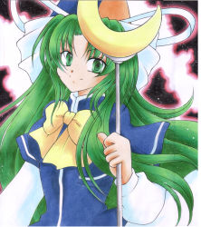 Rule 34 | 1girl, bad id, bad pixiv id, capelet, female focus, green eyes, green hair, hat, hat ribbon, kazra, long hair, mima (touhou), mystic square, ribbon, shikishi, solo, staff, standing, touhou, touhou (pc-98), upper body, wizard hat