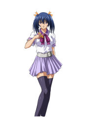 Rule 34 | 00s, 1girl, bashoku youjou, blue hair, blush, breasts, female focus, hair ribbon, highres, ikkitousen, large breasts, legs, looking at viewer, parted lips, purple eyes, ribbon, short twintails, simple background, skirt, smile, solo, standing, thighhighs, twintails, white background, zettai ryouiki