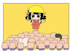 Rule 34 | 1boy, 1girl, arm up, ascot, backpack, bag, black eyes, black hair, blush stickers, border, buta thunder (vocaloid), buzz cut, cameo, closed mouth, commentary request, conductor, crayon shin-chan, crossover, crowd, cs voca, dot mouth, dress, facing another, facing away, flute, hair bobbles, hair ornament, hand up, hat, holding, holding flute, holding instrument, instrument, kaai yuki, looking at animal, low twintails, newspaper, nohara shinnosuke, odd one out, outside border, pinafore dress, pleated dress, puffy short sleeves, puffy sleeves, recorder, red ascot, red dress, school hat, shirt, short hair, short sleeves, short twintails, shoulder strap, simple background, sleeveless, sleeveless dress, standing, twintails, v-shaped eyebrows, very short hair, vocaloid, white border, white shirt, yellow background