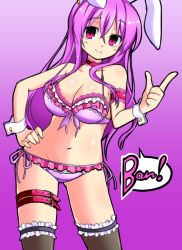Rule 34 | 1girl, animal ears, arm garter, black thighhighs, bra, breasts, choker, cleavage, finger gun, gin (shioyude), hand on own hip, lace, lace-trimmed bra, lace trim, large breasts, lingerie, long hair, looking at viewer, navel, panties, purple background, purple bra, purple eyes, purple hair, purple panties, rabbit ears, reisen udongein inaba, side-tie panties, solo, thigh strap, thighhighs, touhou, underwear, underwear only, wrist cuffs