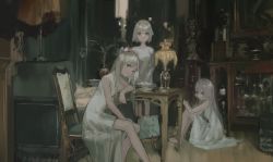Rule 34 | 3girls, :|, absurdres, bare legs, black eyes, blue eyes, chair, chinese commentary, closed mouth, commentary request, dark, desk, dress, hair intakes, hair ornament, highres, indoors, lamp, long hair, looking at viewer, multiple girls, original, short hair, sitting, standing, statue, swept bangs, white dress, white hair, zygocactus