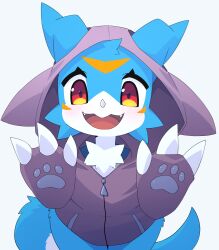 Rule 34 | 1other, animal ears, animal hands, blue background, blue fur, blush, body fur, bottomless, claws, cowboy shot, dev voxy, digimon, digimon (creature), ears through headwear, facial mark, fangs, forehead mark, furry, hands up, happy, highres, hood, hood up, hooded jacket, jacket, leaning forward, looking at viewer, open mouth, other focus, pawpads, pocket, purple jacket, red eyes, simple background, smile, solo, standing, straight-on, tail, two-tone fur, v-mon, white fur, zipper pull tab