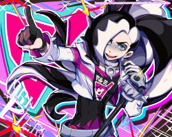Rule 34 | 1boy, :d, belt, black hair, commentary request, creatures (company), cropped jacket, eyeshadow, game freak, green eyes, grey eyeshadow, hair over one eye, holding, holding microphone, jacket, long hair, makeup, male focus, microphone, microphone stand, multicolored hair, music, naoto (yandereheaven), nintendo, open mouth, piers (pokemon), pointing, pokemon, pokemon swsh, shirt, singing, smile, solo, sparkle, teeth, tongue, two-tone hair, upper body, upper teeth only, white hair, white jacket
