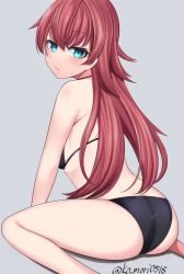 Rule 34 | 1girl, artist request, ass, back, bang dream!, bare shoulders, bikini, black bikini, blue eyes, blush, breasts, butt crack, highres, kneeling, long hair, looking at viewer, pink hair, simple background, sitting, small breasts, solo, swimsuit, tagme, tamade chiyu, wariza