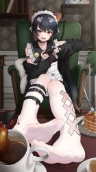 Rule 34 | 1girl, :d, absurdres, armchair, armlet, belt collar, black hair, black jacket, body writing, book, broken screen, brown eyes, cellphone, chair, collar, collarbone, controller, cup, deku suke, ear piercing, extra ears, fang, feet, feet on table, food, foot focus, foreshortening, fork, game controller, hair ornament, hairclip, highres, holding, holding controller, holding game controller, indoors, jacket, jewelry, kemono friends, leg belt, leotard, long sleeves, lucky beast (kemono friends), maid headdress, mug, no shoes, off shoulder, open mouth, pancake, pancake stack, phone, piercing, pillow, plate, ring, short hair, sitting, sleeves past wrists, smartphone, smile, smiley face, solo, spiked armlet, spilling, table, tail, tasmanian devil (kemono friends), tasmanian devil ears, tasmanian devil tail, white leotard, x hair ornament