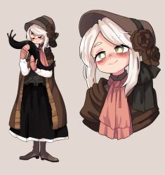 Rule 34 | 1girl, ascot, bags under eyes, bloodborne, blush, bonnet, boots, brown dress, cape, closed mouth, dress, flower, from software, highres, hunter (great one) (bloodborne), parted bangs, plain doll, raburine, red ascot, slug, smile, solo, spoilers, standing, thick eyebrows, white hair, yellow eyes