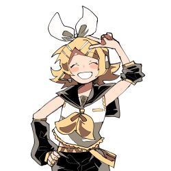 Rule 34 | 1girl, 91 ppp, ^ ^, bare shoulders, black sailor collar, black shorts, black sleeves, blonde hair, blush stickers, bow, closed eyes, detached sleeves, flat chest, grin, hair bow, hair ornament, hairclip, hand on own hip, happy, headphones, headset, highres, kagamine rin, neckerchief, sailor collar, sailor shirt, shirt, short hair, shorts, sleeveless, sleeveless shirt, sleeves rolled up, smile, solo, swept bangs, treble clef, v, v over head, vocaloid, white bow, yellow nails, yellow neckerchief