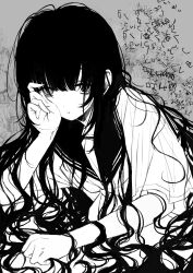 Rule 34 | 1girl, :/, absurdres, arm rest, bags under eyes, black hair, blunt bangs, closed mouth, empty eyes, frown, grey background, grey eyes, grey hair, greyscale, hair over eyes, hair over shoulder, head on hand, head tilt, highres, hunched over, japanese clothes, leaning forward, long hair, looking at viewer, looking up, messy hair, monochrome, neckerchief, noroi (rnatataki), original, sad, sailor collar, school uniform, serafuku, shirt, sidelocks, sitting, solo, table, translation request, upper body, upturned eyes, very long hair