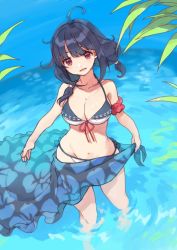 Rule 34 | 1girl, adapted costume, ahoge, bikini, blue sarong, breasts, cleavage, hair flaps, halterneck, kantai collection, low twintails, medium breasts, mitsuyo (mituyo324), official alternate costume, parted lips, purple hair, red eyes, sarong, side-tie bikini bottom, soaking feet, solo, string bikini, swimsuit, taigei (kancolle), twintails, wading, water