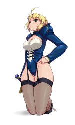 Rule 34 | 1girl, artoria pendragon (all), artoria pendragon (fate), blonde hair, blush, covered erect nipples, fate/stay night, fate (series), full body, garter straps, haruhisky, highres, kneeling, saber (fate), solo, sweatdrop, sword, thighhighs, weapon