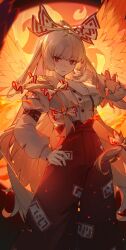 Rule 34 | 1girl, absurdres, arm belt, bow, burnt clothes, closed mouth, expressionless, feet out of frame, fiery wings, fire, fujiwara no mokou, hair bow, hand on own hip, highres, juliet sleeves, kotatsu kaya, long hair, long sleeves, looking at viewer, ofuda, ofuda on clothes, pants, puffy sleeves, red bow, red eyes, red pants, shirt, solo, suspenders, touhou, two-tone bow, very long hair, white bow, white shirt, wings