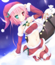 Rule 34 | 2girls, aqua eyes, bandeau, bell, belly, blonde hair, blue eyes, blush, breasts, brown eyes, chibi, christmas, collar, covered erect nipples, detached sleeves, green eyes, hair ornament, hat, heart, heart-shaped pupils, heterochromia, impossible clothes, jpeg artifacts, kneeling, looking at viewer, midriff, multiple girls, navel, neck bell, night, original, perky breasts, pink eyes, pink hair, red eyes, sack, santa hat, skirt, sleigh, snow, strapless, striped clothes, striped legwear, striped thighhighs, suterii, symbol-shaped pupils, thighhighs, tube top