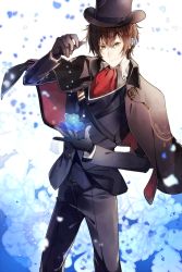 Rule 34 | 1boy, arsene lupin (code:realize), ascot, bad id, bad pixiv id, black cape, black gloves, black hat, black pants, brown hair, cape, code:realize, flower, gloves, hat, highres, looking at viewer, male focus, onoco, pants, red ascot, solo, standing, top hat