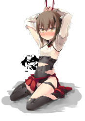 Rule 34 | 10s, 2girls, arms up, bdsm, black legwear, blush, bondage, bound, breasts, brown eyes, brown hair, child, kantai collection, multiple girls, ryuujou (kancolle), shin (new), silhouette demon, simple background, small breasts, taihou (kancolle), tears, thighhighs, torn clothes, white background