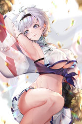 Rule 34 | 1girl, absurdres, azur lane, bare shoulders, blush, breasts, cheerleader, crop top, crop top overhang, gradient background, grey hair, haimian-v-, hair between eyes, hairband, highres, holding, holding pom poms, large breasts, leaf, looking at viewer, looking away, miniskirt, navel, parted hair, pom pom (cheerleading), pom poms, purple eyes, purple sash, reno (azur lane), reno (biggest little cheerleader) (azur lane), sash, see-through, shirt, short hair, skirt, sleeveless, smile, solo, standing, standing on one leg, two-tone shirt, two-tone skirt, underboob