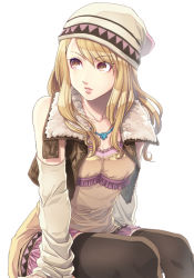 Rule 34 | 10s, 1girl, bare shoulders, beanie, black thighhighs, blonde hair, brown eyes, brown thighhighs, cropped jacket, detached sleeves, dress, enmto, fringe trim, fur trim, hat, jacket, jewelry, karina lyle, lips, lipstick, long hair, makeup, necklace, simple background, sitting, sleeveless, sleeveless dress, solo, thighhighs, tiger &amp; bunny, wavy hair, white background, zettai ryouiki