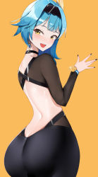 Rule 34 | 1girl, :d, absurdres, ass, ass focus, backless dress, backless outfit, bad id, bad pixiv id, black dress, black nails, blue hair, blush, breasts, choker, clothing cutout, dress, earrings, eula (genshin impact), genshin impact, hairband, highres, jewelry, long sleeves, mutsu ane daisuki, nail polish, open mouth, simple background, smile, solo, yellow background, yellow eyes