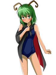 Rule 34 | 1girl, antennae, bare shoulders, blush, cape, female focus, green eyes, green hair, matching hair/eyes, one-piece swimsuit, school swimsuit, short hair, simple background, solo, swimsuit, tachi (mtd), tan, touhou, white background, wriggle nightbug