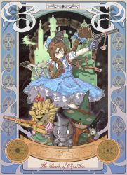 Rule 34 | 1girl, art nouveau, axe, basket, bone, bow, braid, brown hair, checkered clothes, checkered dress, chibi, cowardly lion, dog, dorothy gale, dress, dual wielding, english text, eyepatch, frills, gathers, gloves, gun, handgun, hat, hexagram, holding, long hair, mouth hold, revolver, rifle, scarecrow, scarecrow (twooz), shaonav, single glove, the wizard of oz, tin man, toto (twooz), twin braids, weapon, witch, yellow eyes
