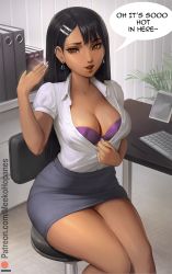 Rule 34 | 1girl, aged up, bare legs, black hair, bra, breasts, brown eyes, cleavage, clothes pull, collar, collared shirt, dark-skinned female, dark skin, ear piercing, earrings, english text, hair ornament, hairpin, ijiranaide nagatoro-san, indoors, jewelry, keyboard (computer), large breasts, legs together, lips, looking at viewer, meekohopanes, nagatoro hayase, nail polish, naughty face, office, office lady, pencil skirt, piercing, puffy short sleeves, puffy sleeves, purple bra, salaryman, shirt, shirt pull, short sleeves, skirt, solo, thighs, underwear