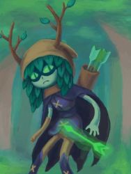Rule 34 | 1girl, adventure time, antlers, arrow (projectile), cape, colored skin, domino mask, dryad, forest, green eyes, green hair, green skin, horns, huntress wizard, leaf, lowres, mask, monster girl, nature, outdoors, plant girl, quiver, solo, tree
