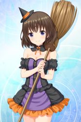 Rule 34 | 1girl, absurdres, alternative girls, asahina nono, black dress, blue background, breasts, broom, brown hair, cleavage, closed mouth, dress, hat, highres, holding, holding broom, looking at viewer, medium hair, official art, purple dress, purple eyes, smile, solo, witch hat