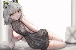 Rule 34 | 1girl, absurdres, animal ear fluff, animal ears, arknights, grabbing another&#039;s breast, breasts, cat ears, grabbing, grabbing own breast, green eyes, grey hair, grey sweater, highres, kal&#039;tsit (arknights), looking at viewer, lying, medium breasts, meme attire, monstarno, nipples, on side, short hair, simple background, sleeveless, sleeveless sweater, solo, sweater, thighhighs, virgin killer sweater, white background, white thighhighs
