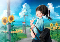 Rule 34 | 1girl, :d, bag, black hair, black skirt, blue sky, bracelet, brown eyes, cloud, commentary request, day, flower, hair ribbon, highres, jewelry, kazuharu kina, landscape, looking at viewer, mountainous horizon, open mouth, original, outdoors, ponytail, power lines, ribbon, road, rural, scenery, school bag, school uniform, shirt, signature, skirt, sky, smile, solo, standing, summer, sunflower, teeth, uniform, upper teeth only, utility pole, vanishing point, white shirt