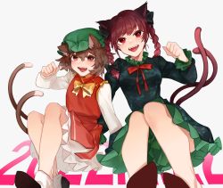 Rule 34 | 2girls, :d, animal ears, arm support, black bow, bow, bowtie, braid, breasts, brown hair, cat ears, cat tail, chen, dress, fangs, feet out of frame, gold trim, gradient background, green dress, green headwear, grey background, hair bow, hair ribbon, hand up, hat, highres, kaenbyou rin, knees together feet apart, long hair, medium breasts, mob cap, multiple girls, multiple tails, nekomata, open mouth, paw pose, petticoat, red bow, red bowtie, red dress, red eyes, red hair, ribbon, shidaccc, short hair, simple background, smile, tail, teeth, touhou, tress ribbon, twin braids, twintails, two tails, upper teeth only, yellow bow, yellow bowtie