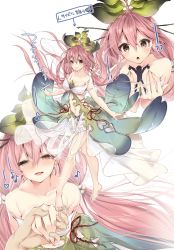Rule 34 | 1boy, 1girl, 218, blush, breasts, brown eyes, cleavage, closed mouth, dress, floral dress, full body, giant, giantess, granblue fantasy, green dress, hair between eyes, hand grab, holding person, long hair, looking at another, looking at viewer, low twintails, medium breasts, monster girl, multiple views, open mouth, petals, pink hair, plant girl, pov, revealing clothes, shrinking, silhouette, simple background, size difference, smile, solo focus, strapless, strapless dress, translated, twintails, very long hair, white background, white dress, yggdrasil (granblue fantasy)