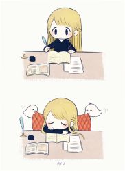 Rule 34 | 1girl, ayu (mog), blanket, blonde hair, book, closed eyes, closed mouth, crossed arms, ghost, holding, ink bottle, long hair, long sleeves, motion lines, open book, original, quill, signature, simple background, sleeping, swept bangs, white background, writing