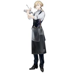 Rule 34 | 1boy, apron, bartender, black apron, black pants, blonde hair, blouse, blue eyes, braid, cocktail shaker, collared shirt, dress shoes, earrings, full body, game cg, gin (neural cloud), girls&#039; frontline, girls&#039; frontline neural cloud, hair between eyes, highres, jewelry, light smile, looking at viewer, male focus, mole, mole under eye, official art, pants, ponytail, shirt, short hair, sleeves rolled up, smile, solo, spoon, transparent background, vest, white shirt