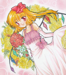 Rule 34 | 1girl, alternate costume, arm up, bad id, bad pixiv id, bare shoulders, blonde hair, bouquet, bow, dress, dutch angle, elbow gloves, female focus, flandre scarlet, flower, gloves, gradient background, hair bow, looking at viewer, marker (medium), open mouth, outline, pastel (medium), pink background, red eyes, red flower, red rose, rose, satsuki (gogotaru), short hair, side ponytail, skirt hold, solo, touhou, traditional media, watercolor pencil (medium), wedding dress, wings, wreath, yellow flower, yellow rose