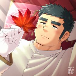 Rule 34 | 1boy, autumn leaves, bara, black hair, blush, crave saga, dated, gloves, holding, holding leaf, jeffrey (crave saga), leaf, long sideburns, looking at object, lying, male focus, maple leaf, on back, priest, short hair, sideburns, solo, thick eyebrows, yowaifish