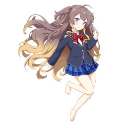 Rule 34 | 1girl, absurdres, anya melfissa, bare legs, barefoot, blazer, blonde hair, blue skirt, bow, brown hair, clenched hand, collared shirt, felutiahime, flat chest, floating, gradient hair, highres, hololive, hololive indonesia, jacket, looking at viewer, multicolored hair, open hand, plaid, plaid skirt, purple eyes, red bow, shirt, skirt, smile, solo, streaked hair, virtual youtuber, white background, white shirt