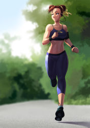 Rule 34 | 1girl, abs, arm pouch, blue pants, blue sports bra, blurry, blurry background, breasts, brown eyes, brown hair, capcom, capri pants, chun-li, commentary, dirty ero, double bun, earphones, english commentary, full body, green footwear, hair bun, hair ribbon, highres, jogging, listening to music, medium breasts, muscular, muscular female, navel, pants, ribbon, shoes, short hair, sidelighting, sneakers, socks, solo, sports bra, street fighter, sweat, thick thighs, thighs, wireless earphones, wristband, yoga pants