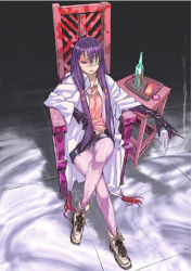 Rule 34 | 1girl, ankle boots, bad id, bad pixiv id, boots, chair, cigarette, crossed legs, elbow gloves, eyepatch, gloves, haruaki, highres, katou haruaki, lighter, panties, panties under pantyhose, pantyhose, pantyshot, pink pantyhose, purple hair, sitting, solo, underwear