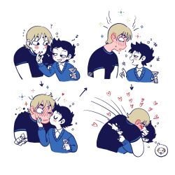 Rule 34 | 2boys, arrow (symbol), black hair, black shirt, blonde hair, blush, closed eyes, cocktail glass, commentary, cup, drinking glass, full-face blush, hand on another&#039;s chin, heart, highres, holding, holding cup, kiss, kissing cheek, long sleeves, looking at another, male focus, multiple boys, one eye closed, open mouth, scott pilgrim (series), scott pilgrim takes off, shirt, short hair, short sleeves, simple background, smile, symbol-only commentary, thought bubble, todd ingram, tokagen0, upper body, wallace wells, white background, yaoi