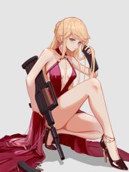 Rule 34 | 1girl, ammunition, assault rifle, bare legs, bare shoulders, black footwear, blonde hair, breasts, bullet, bullpup, cartridge, closed mouth, collarbone, dress, earrings, girls&#039; frontline, gun, hair ornament, high heels, highres, holding, holding weapon, jewelry, legs, long hair, looking at viewer, medium breasts, mo geng, necklace, official alternate costume, orange eyes, ots-14 (girls&#039; frontline), ots-14 (ruler of the banquet) (girls&#039; frontline), ots-14 groza, red dress, rifle, sitting, solo, suppressor, thighs, very long hair, weapon, white background
