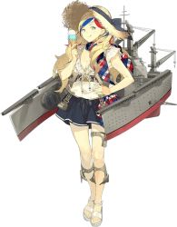 Rule 34 | 10s, 1girl, :q, akira (kadokawa), blonde hair, blouse, blue eyes, blue hair, breasts, cleavage, commandant teste (kancolle), food, full body, hair ornament, ice cream, kantai collection, long hair, looking at viewer, multicolored hair, official art, red hair, sandals, shirt, skirt, smile, solo, streaked hair, tongue, tongue out, transparent background, white hair