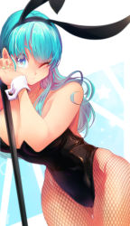 Rule 34 | 1girl, animal ears, aqua background, bare arms, bare shoulders, black leotard, blue eyes, blue hair, blunt bangs, breasts, bulma, cleavage, closed mouth, cowboy shot, dragon ball, dragon ball (classic), dutch angle, eyelashes, eyes visible through hair, fake animal ears, female focus, fingernails, fishnet pantyhose, fishnets, green nails, happy, head rest, highleg, highleg leotard, hip focus, interlocked fingers, large breasts, leaning, leaning to the side, leotard, long hair, looking at viewer, matching hair/eyes, nail polish, ommmyoh, one eye closed, own hands together, pantyhose, playboy bunny, rabbit ears, shiny clothes, simple background, smile, solo, sparkle background, star (symbol), starry background, straight hair, thick thighs, thigh gap, thighs, v-shaped eyebrows, white background, wide hips, wrist cuffs